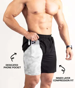 2-in-1 Compression Shorts with phone pocket: Snow Camo