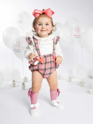 Baby Girl Spanish Bow & Frills Tartan Romper-Coral Pink