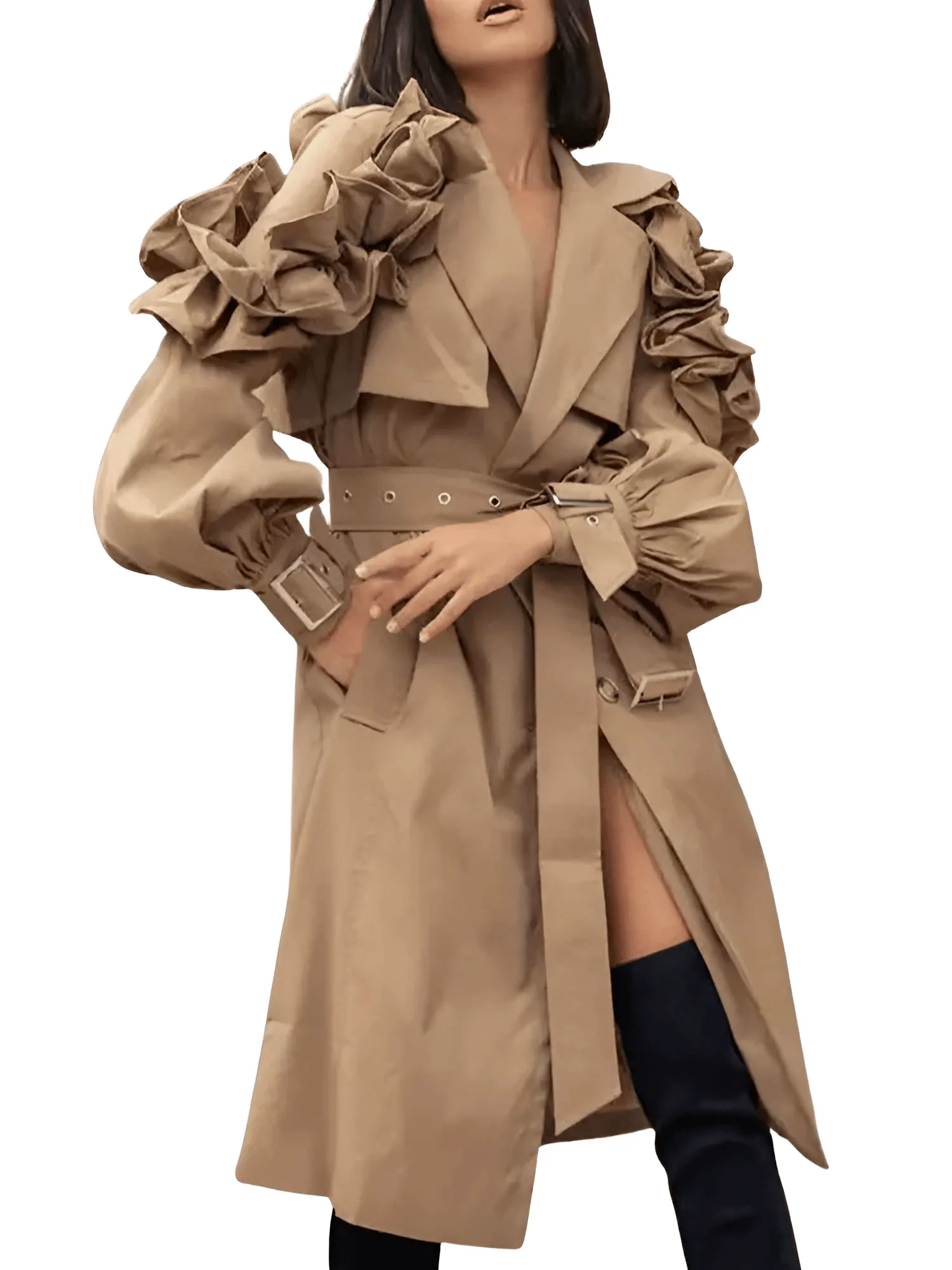 Black Khaki Long Trench Coat Women's Belt Elegant Chic Stylish Luxury Clothes Runway Fashion