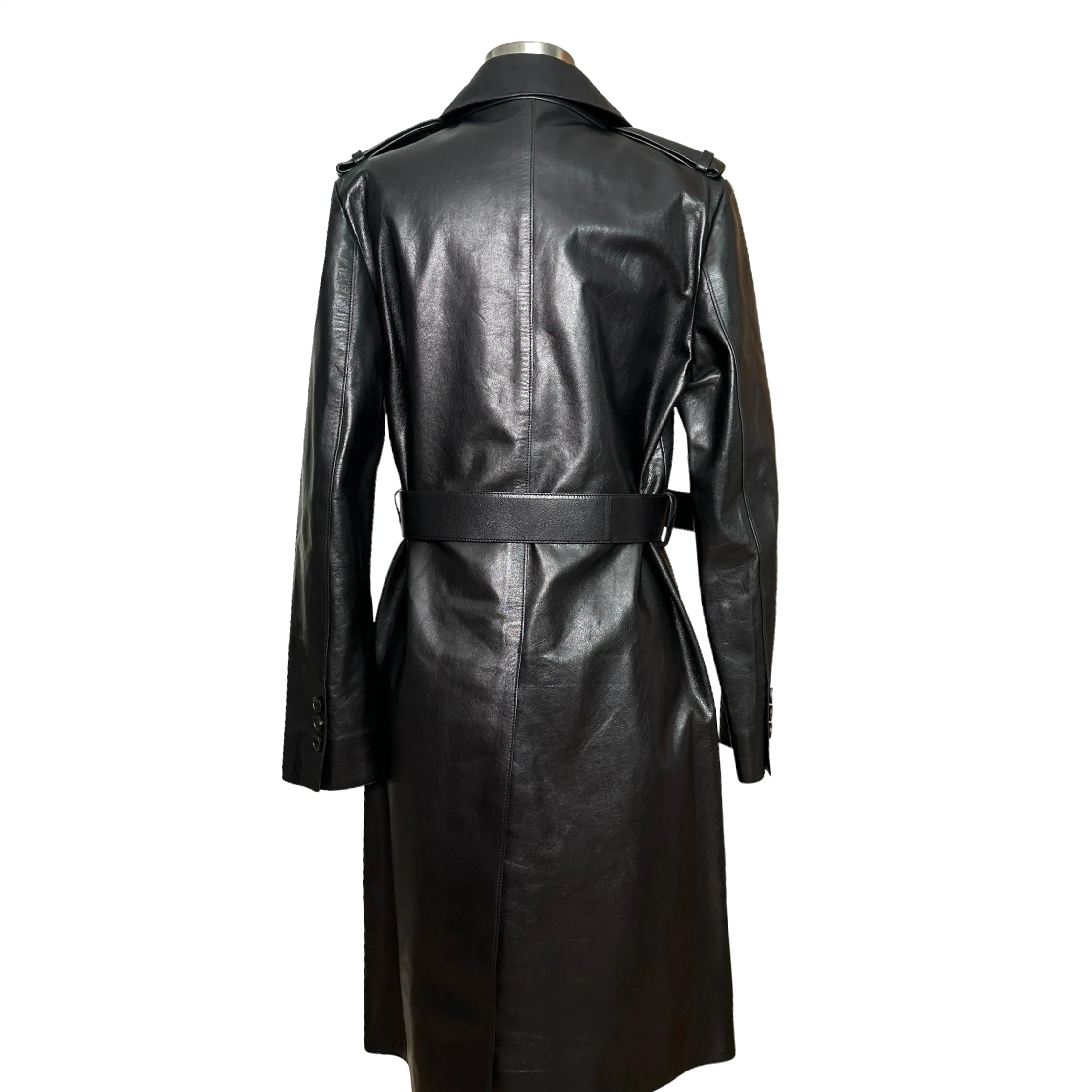 Black Leather Long Coat - S/M