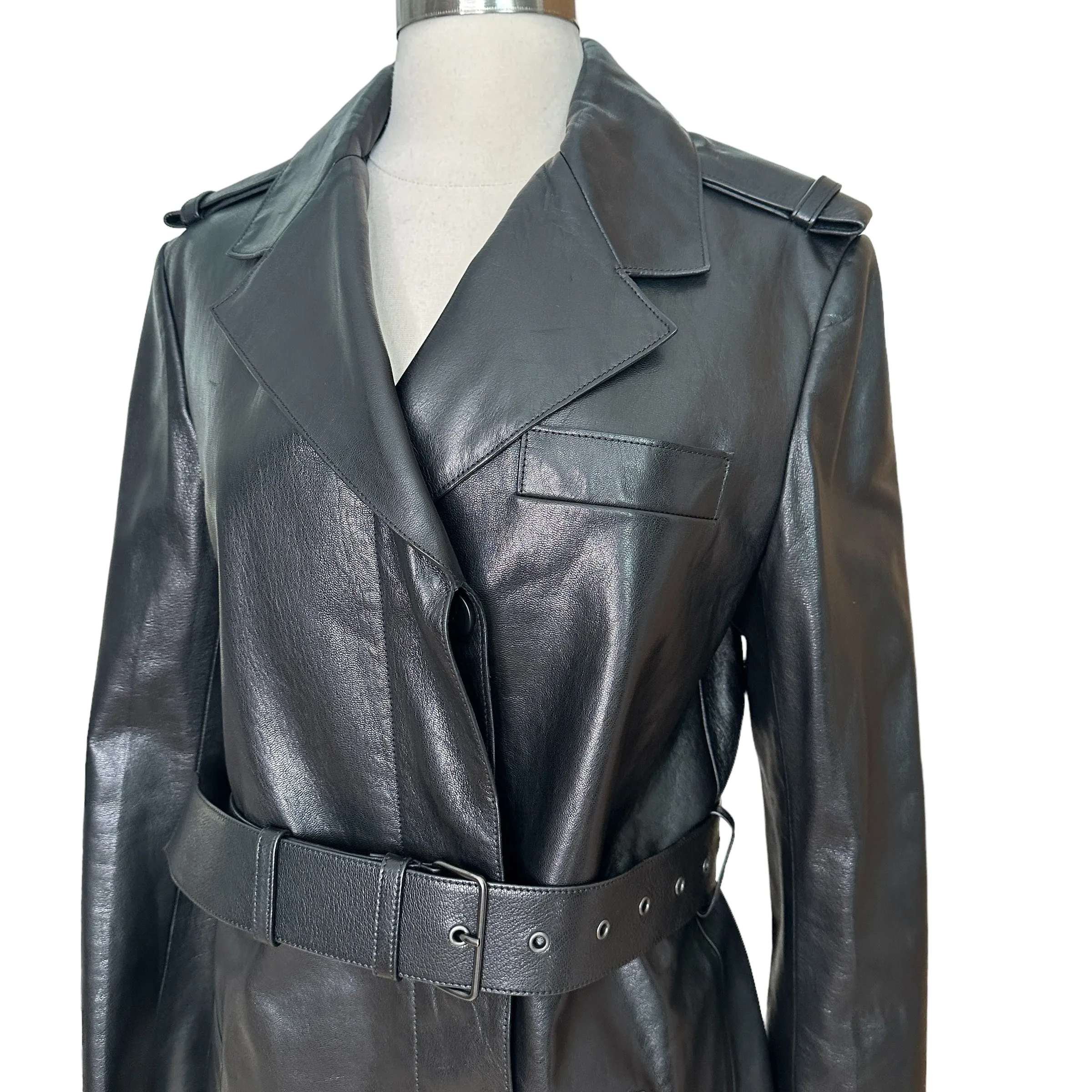 Black Leather Long Coat - S/M