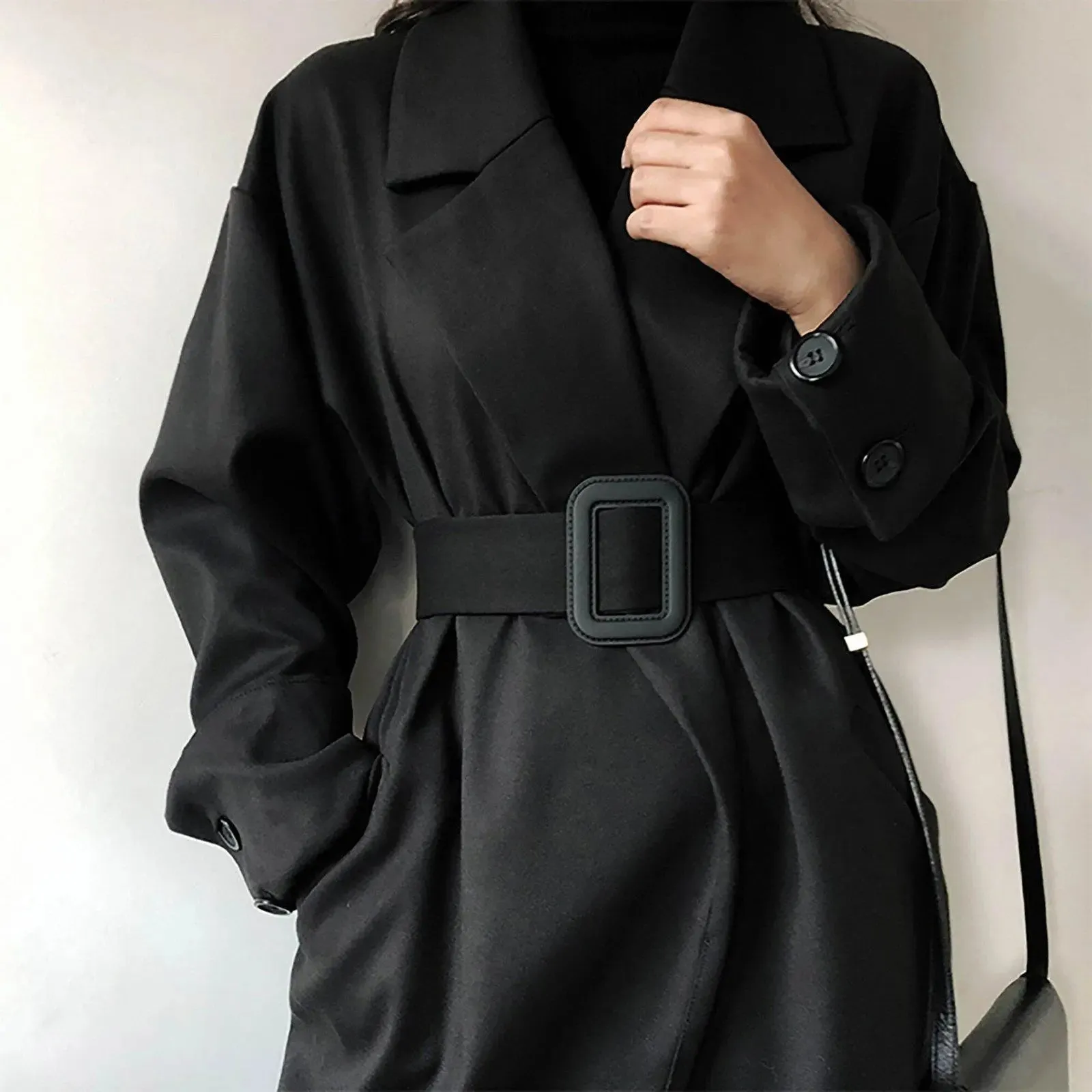 Black Roll Up Button Sleeve Wide Belt Wrap Long Trench Coat