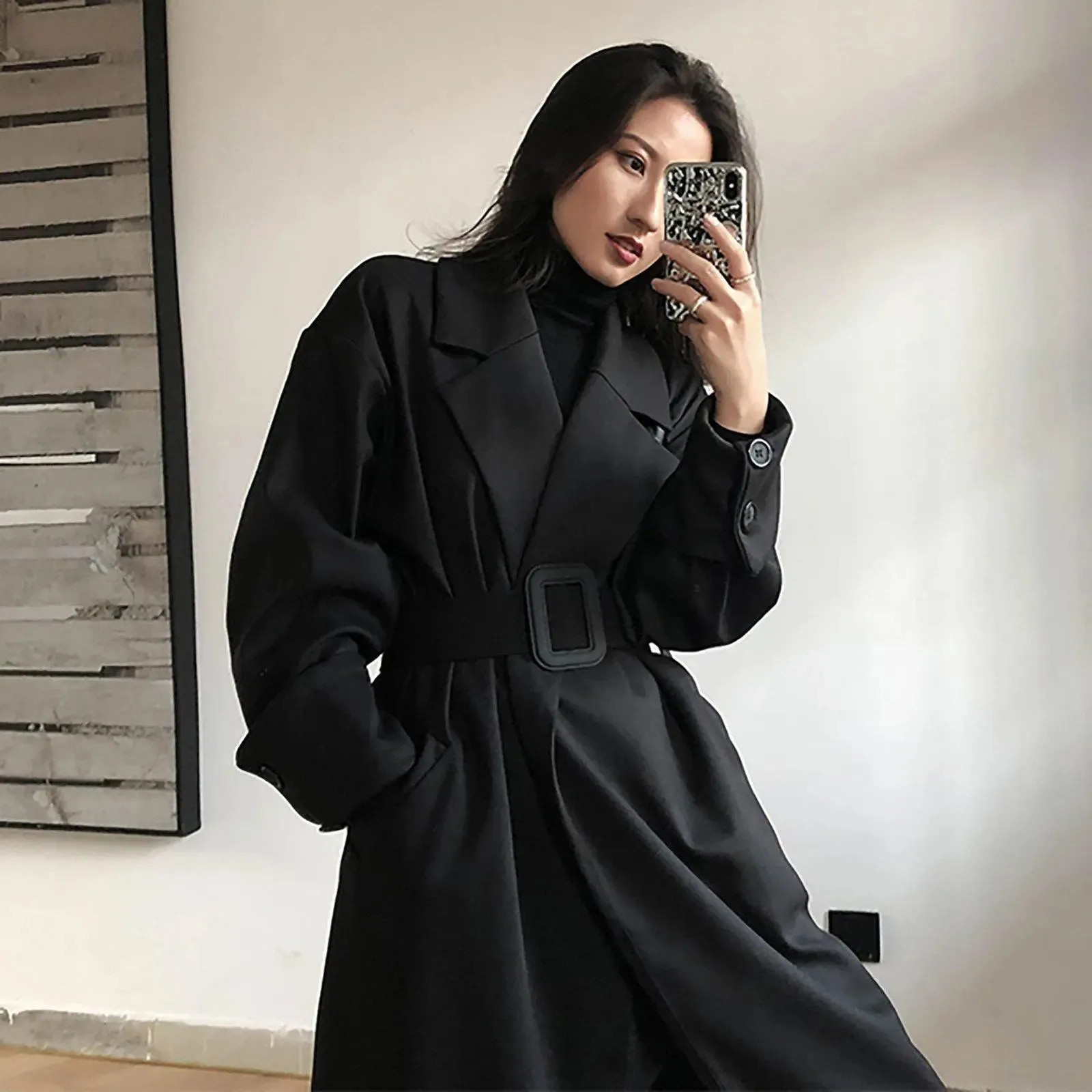 Black Roll Up Button Sleeve Wide Belt Wrap Long Trench Coat