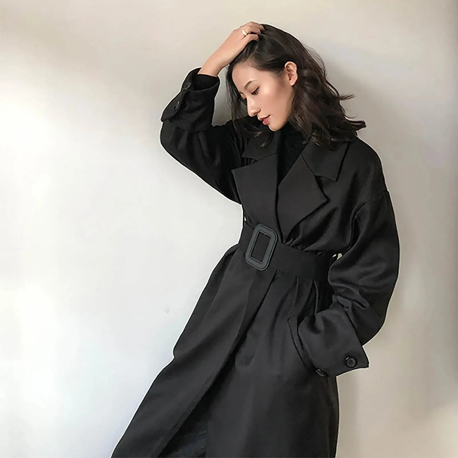 Black Roll Up Button Sleeve Wide Belt Wrap Long Trench Coat