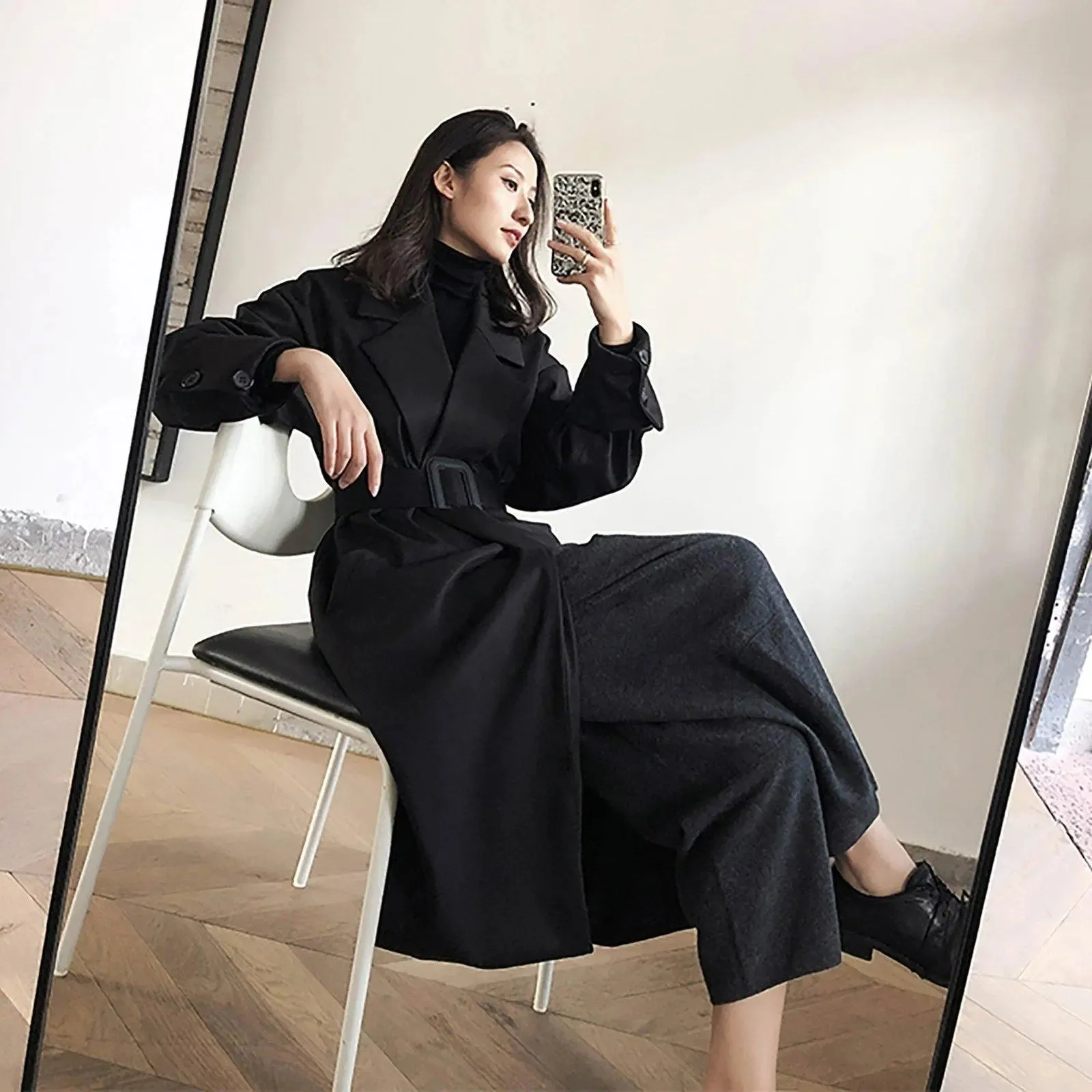 Black Roll Up Button Sleeve Wide Belt Wrap Long Trench Coat