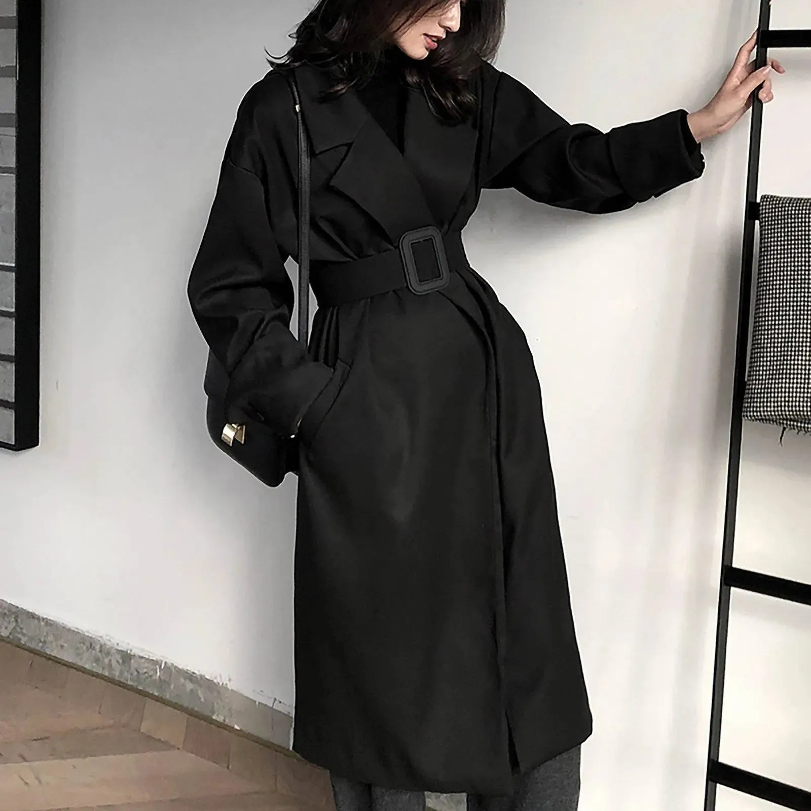 Black Roll Up Button Sleeve Wide Belt Wrap Long Trench Coat