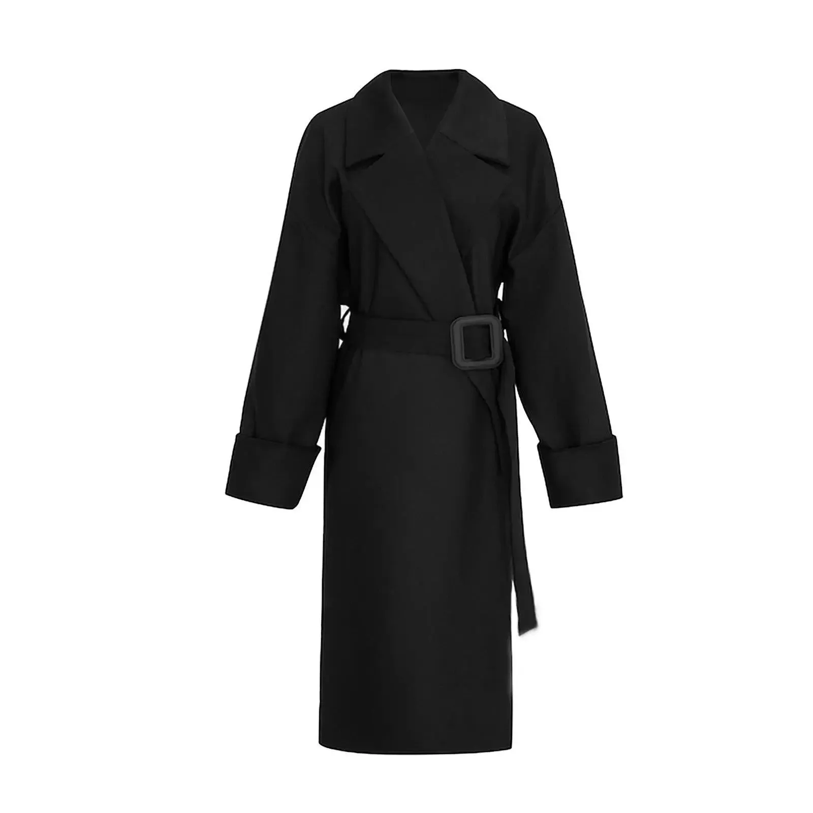 Black Roll Up Button Sleeve Wide Belt Wrap Long Trench Coat