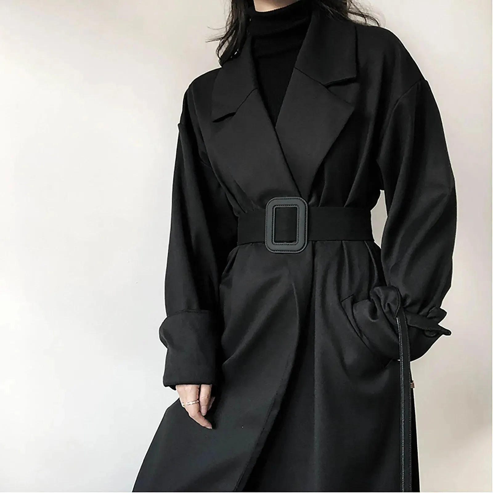 Black Roll Up Button Sleeve Wide Belt Wrap Long Trench Coat