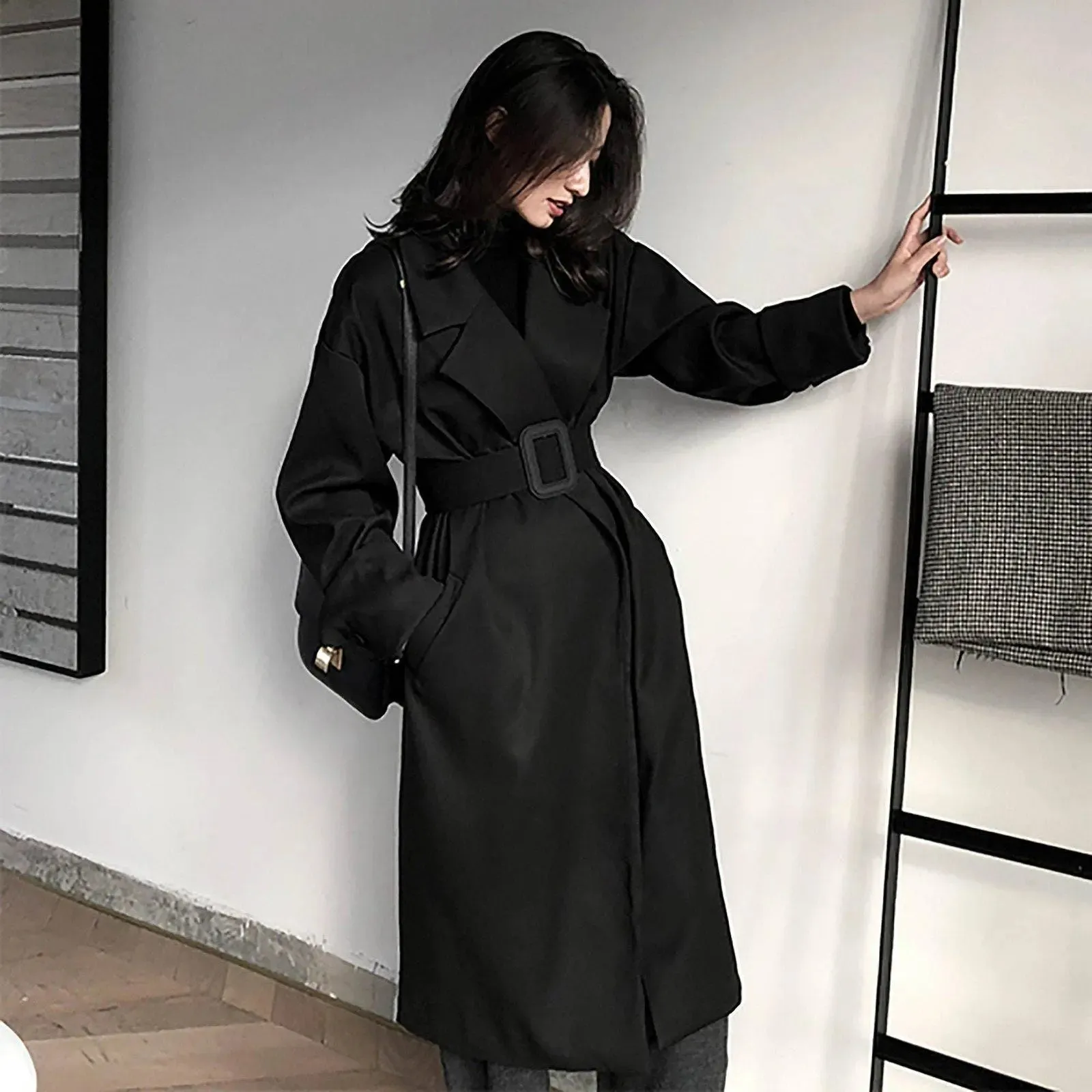 Black Roll Up Button Sleeve Wide Belt Wrap Long Trench Coat