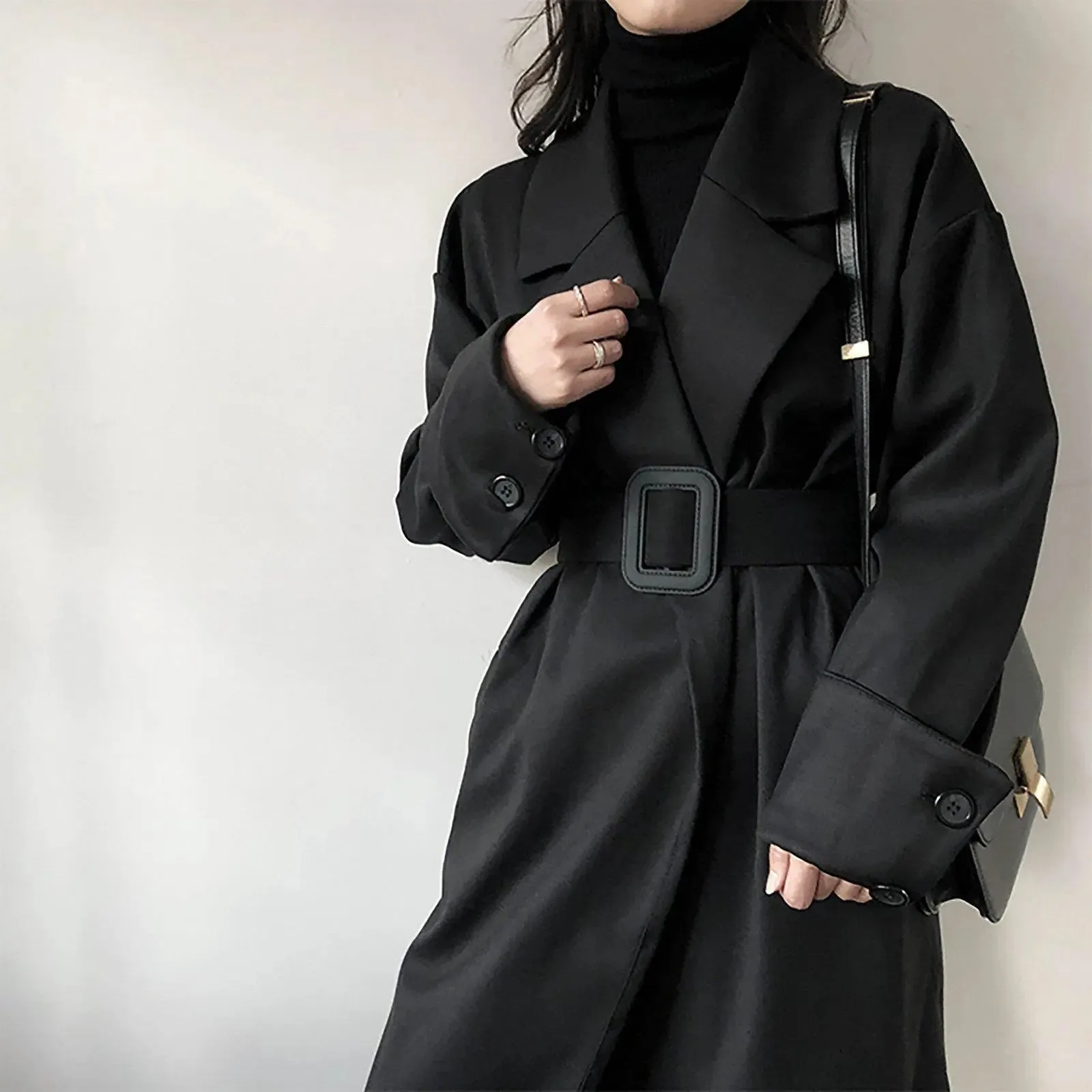 Black Roll Up Button Sleeve Wide Belt Wrap Long Trench Coat