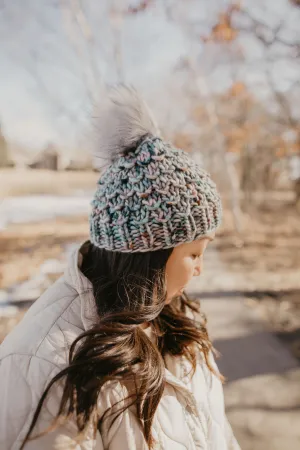 Blue Speckle Merino Wool Knit Hat with Faux Fur Pom Pom - Hand-Dyed Yarn