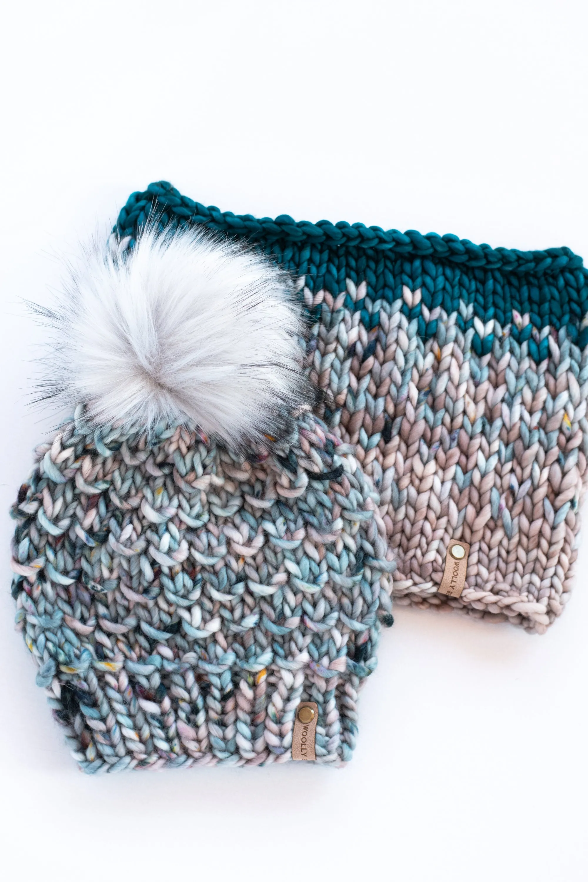 Blue Speckle Merino Wool Knit Hat with Faux Fur Pom Pom - Hand-Dyed Yarn