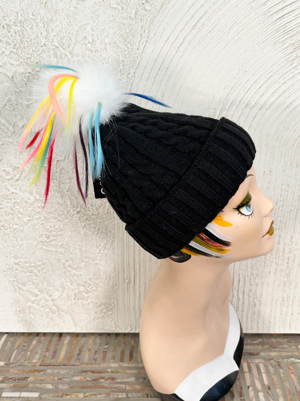 Cable Knit Rainbow Fur Pom Pom Beanie Hat, Black/White