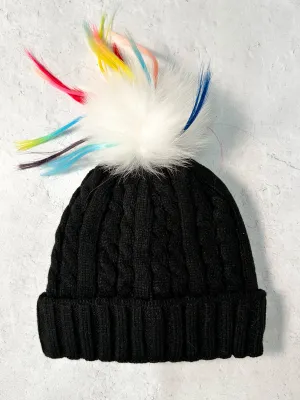 Cable Knit Rainbow Fur Pom Pom Beanie Hat, Black/White