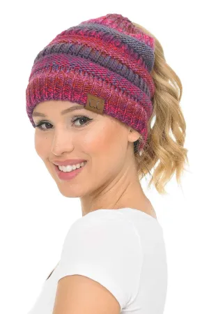 C.C MB705 - Soft Stretch Cable Knit Warm Hat High Bun Ponytail Multi Color Tribal Beanie