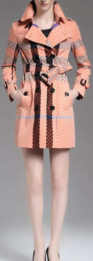 Checkered Check Print Short Trench Coat