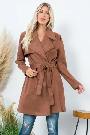 Cognac Suede Trench Coat Jacket Tie Belt