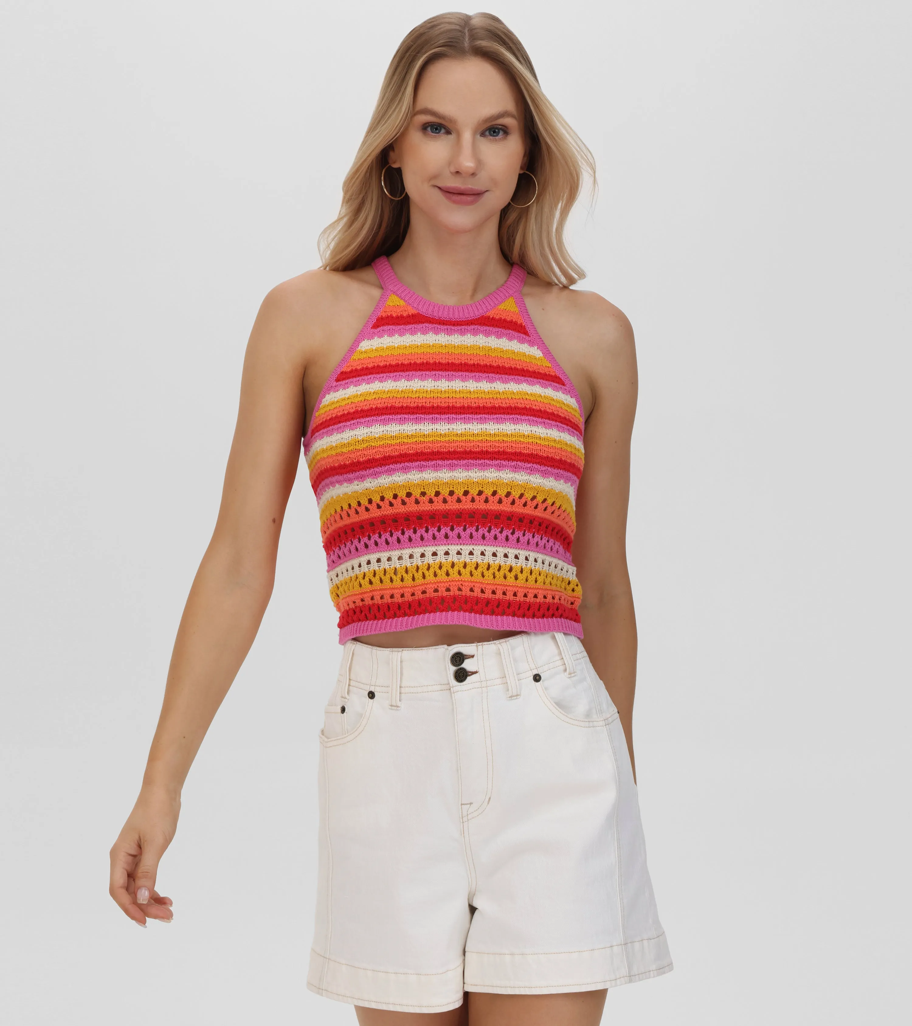 Crochet Striped Halter Neck Tank