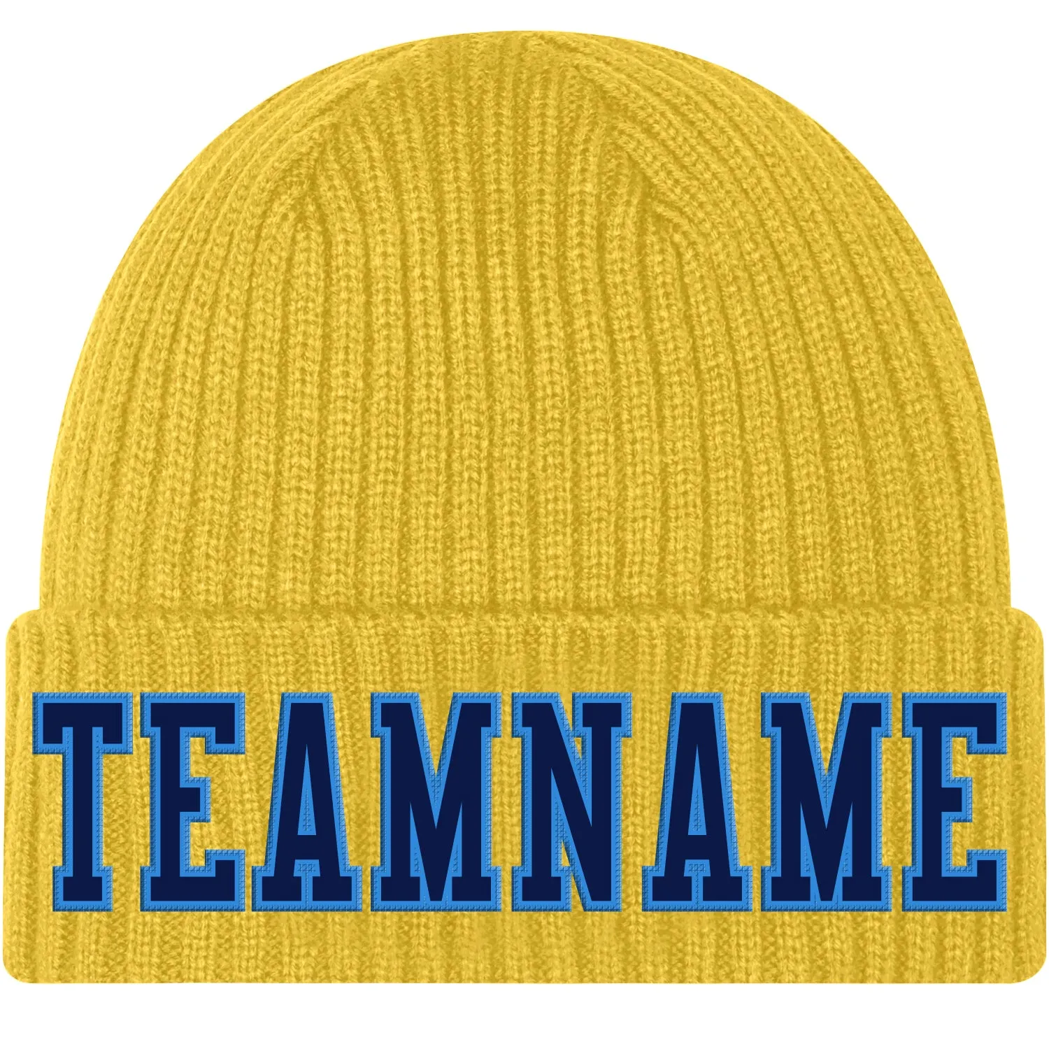 Custom Gold Navy-Powder Blue Stitched Cuffed Knit Hat