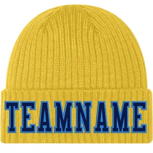 Custom Gold Navy-Powder Blue Stitched Cuffed Knit Hat