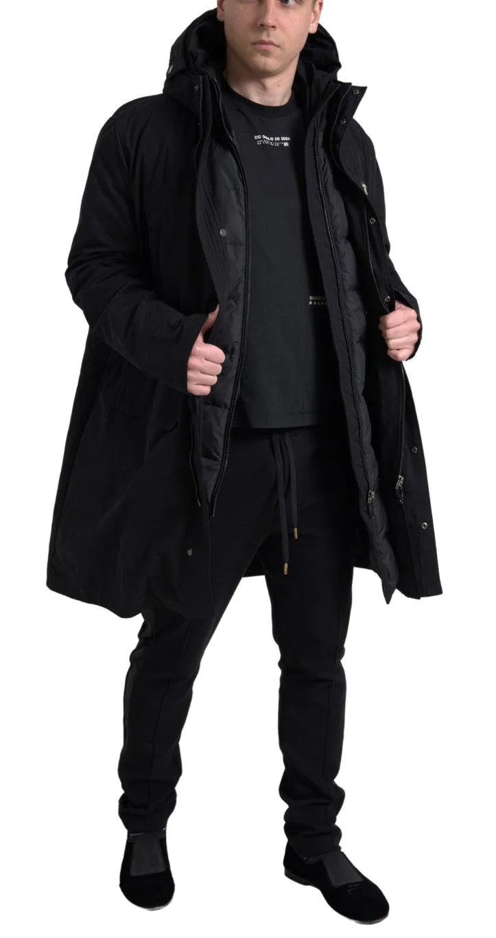 Dolce & Gabbana Black Hooded Parka Cotton Trench coat Jacket