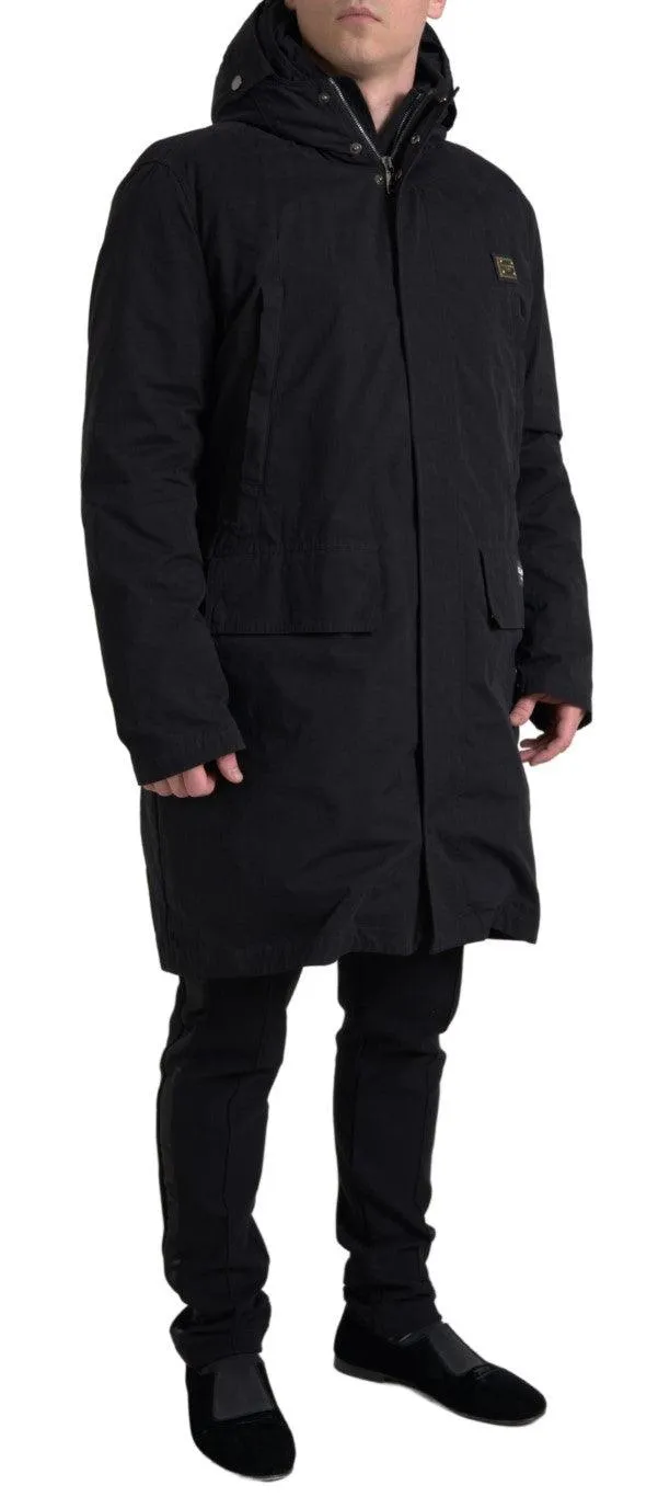 Dolce & Gabbana Black Hooded Parka Cotton Trench coat Jacket