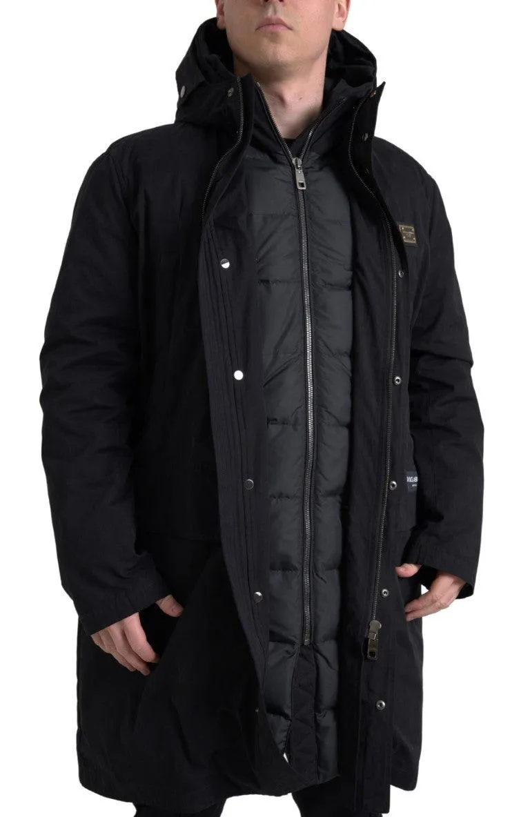 Dolce & Gabbana Black Hooded Parka Cotton Trench coat Jacket