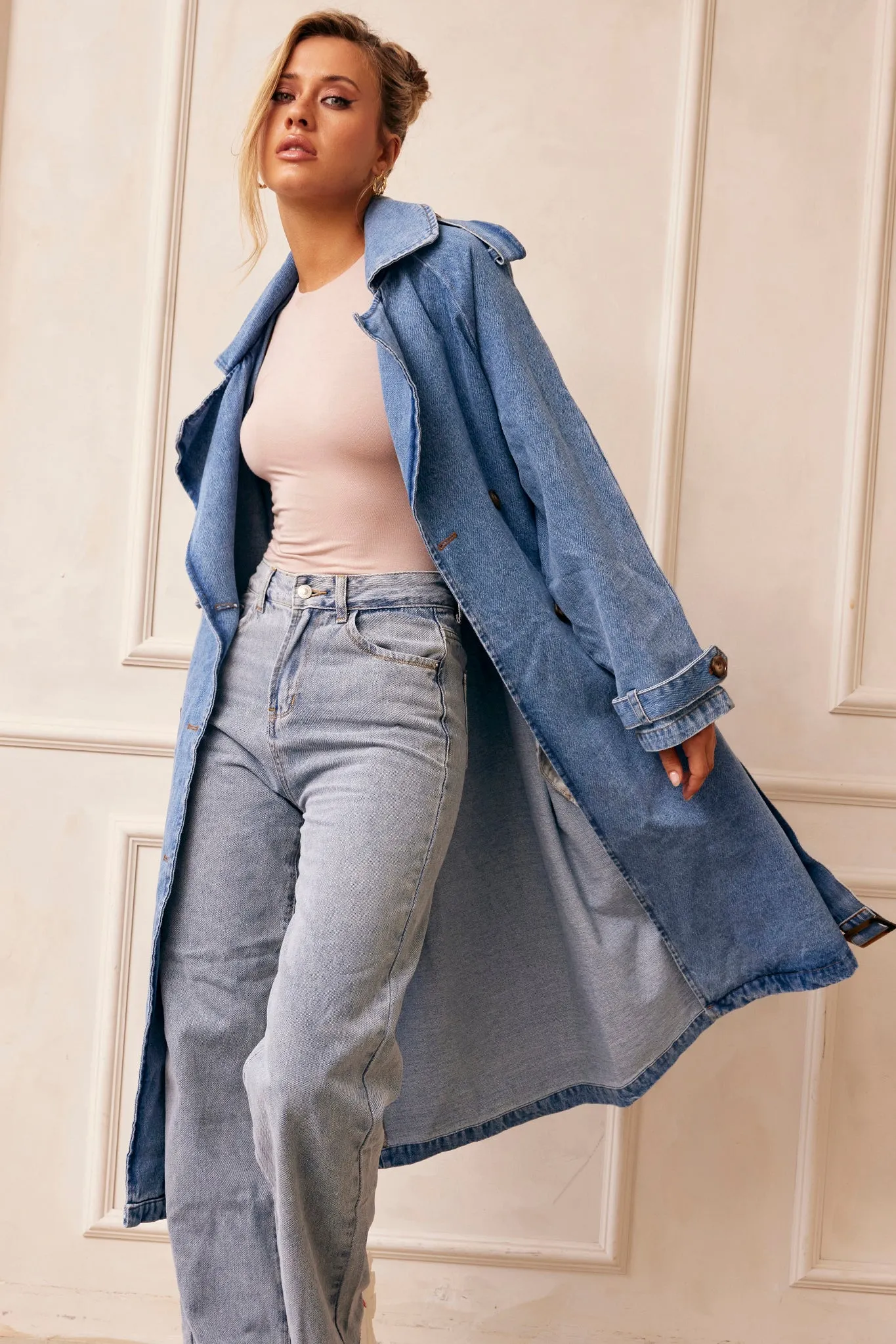 Double Take Denim Trench Coat - Blue