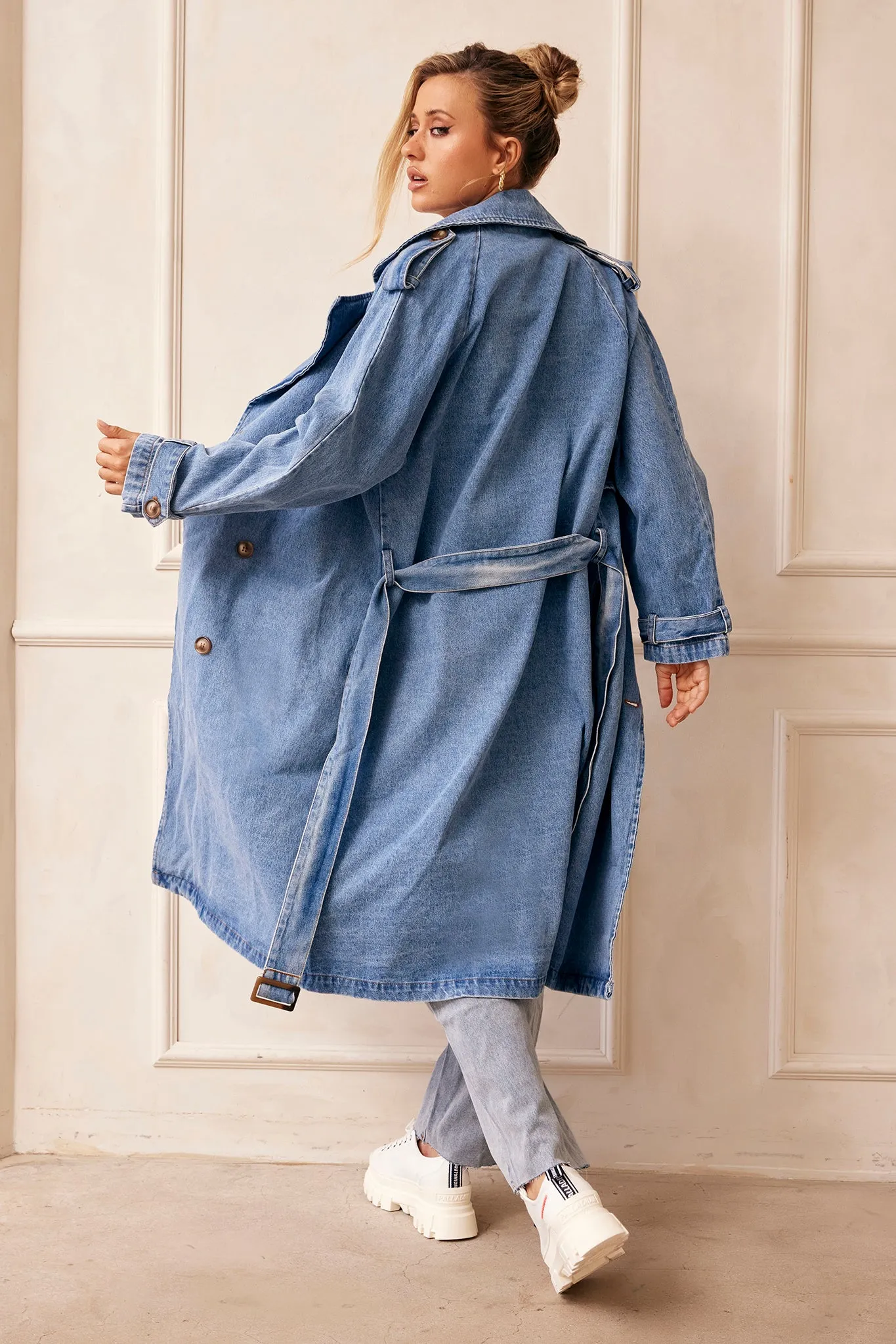 Double Take Denim Trench Coat - Blue