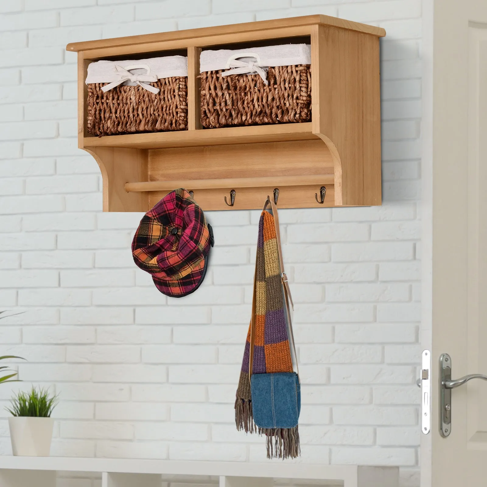 Entryway Coat Rack Wall Mounted Shelf w/ 2 Corn Husk Baskets and Hooks