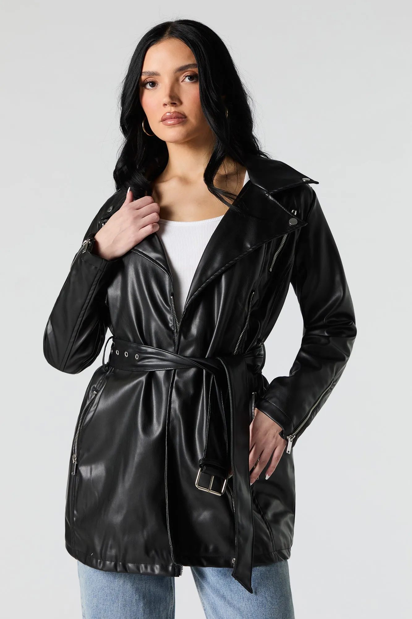 Faux Leather Trench Coat