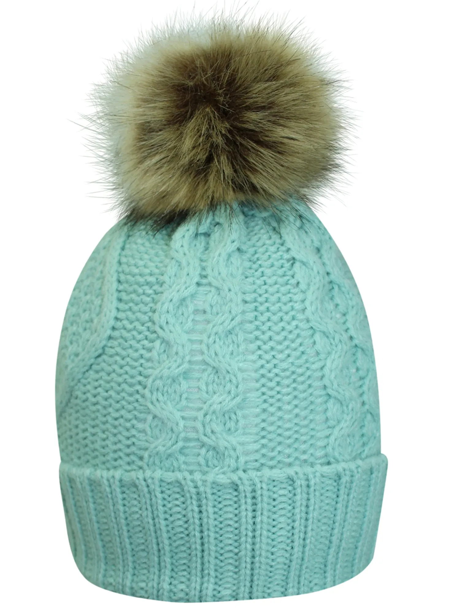 Fleece Lined Cable Knit Beanie Cap Hat With Pom Pom