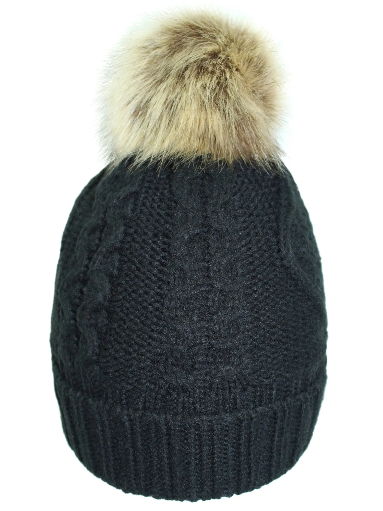 Fleece Lined Cable Knit Beanie Cap Hat With Pom Pom