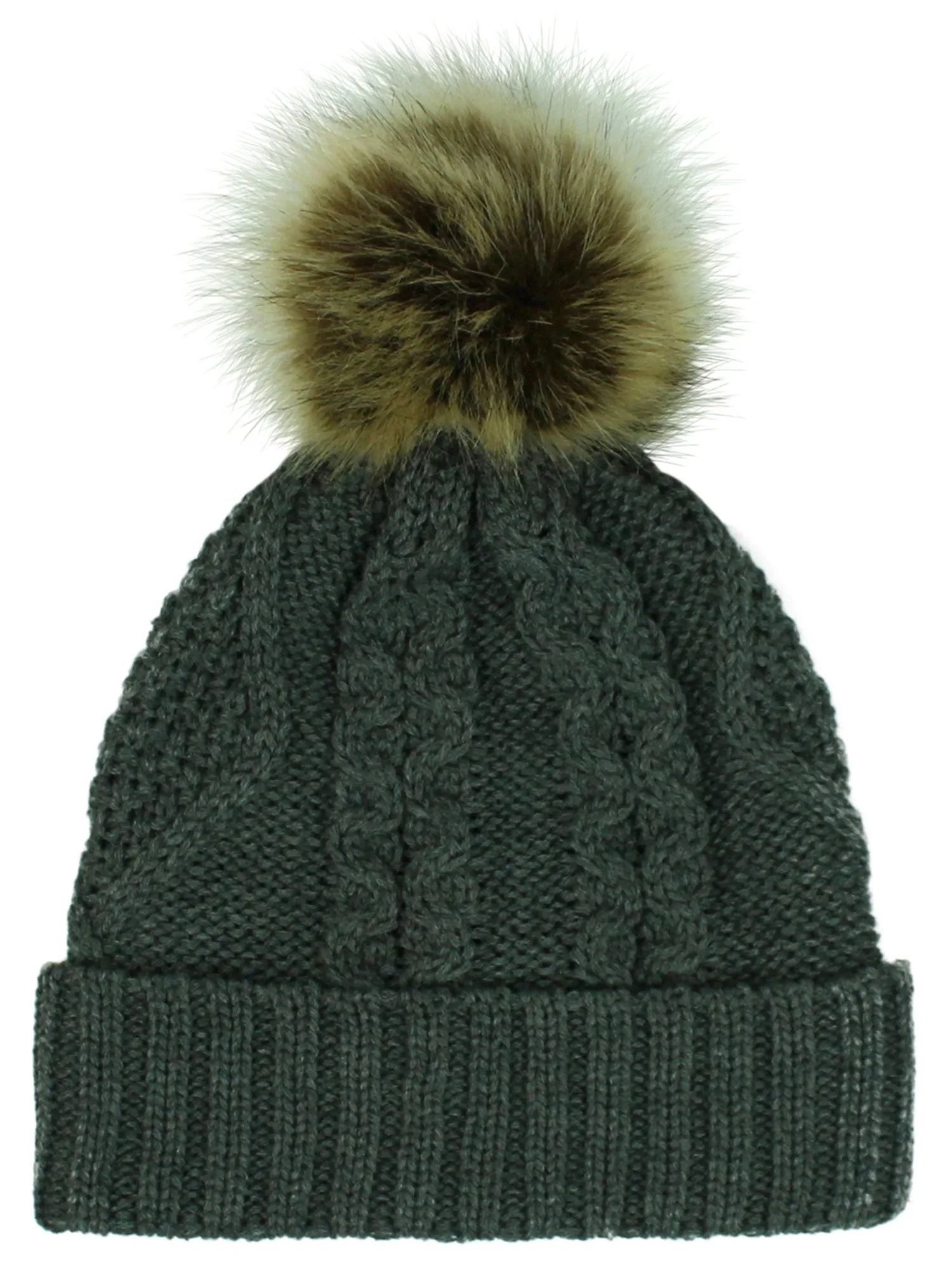 Fleece Lined Cable Knit Beanie Cap Hat With Pom Pom