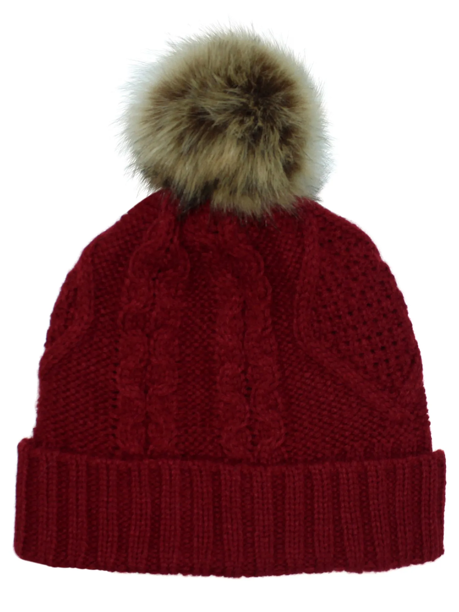 Fleece Lined Cable Knit Beanie Cap Hat With Pom Pom