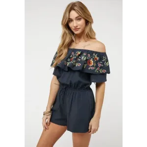 FLORAL EMBROIDERED OFF SHOULDER ROMPER