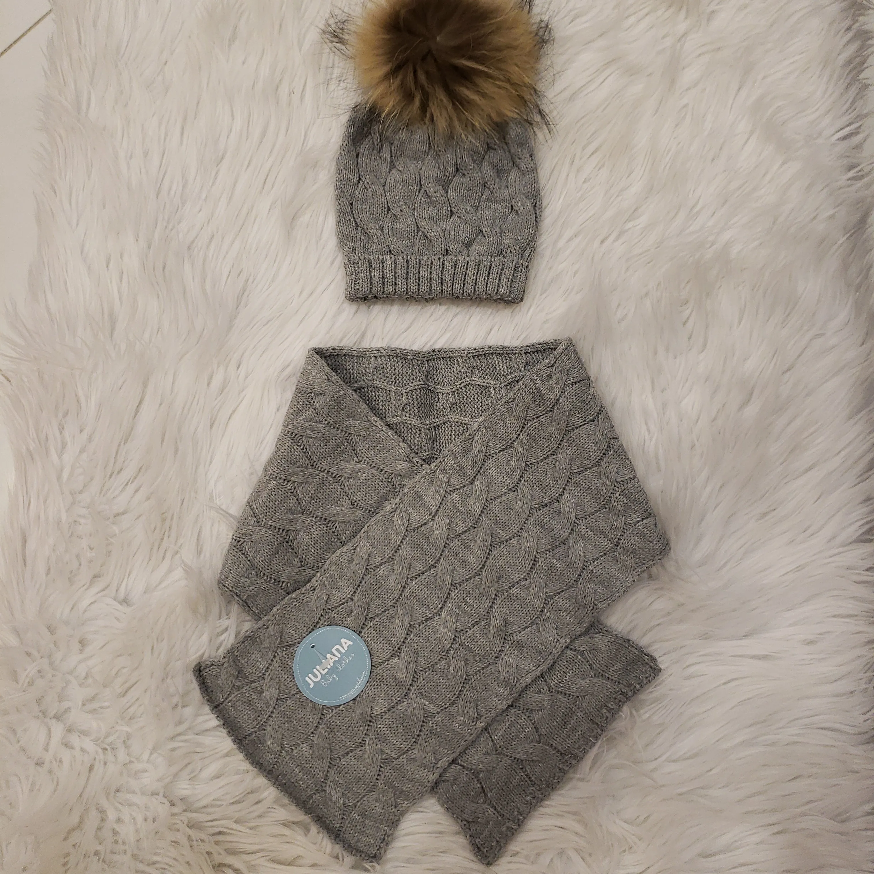 Fur Pom Pom Hat and Scarf Set