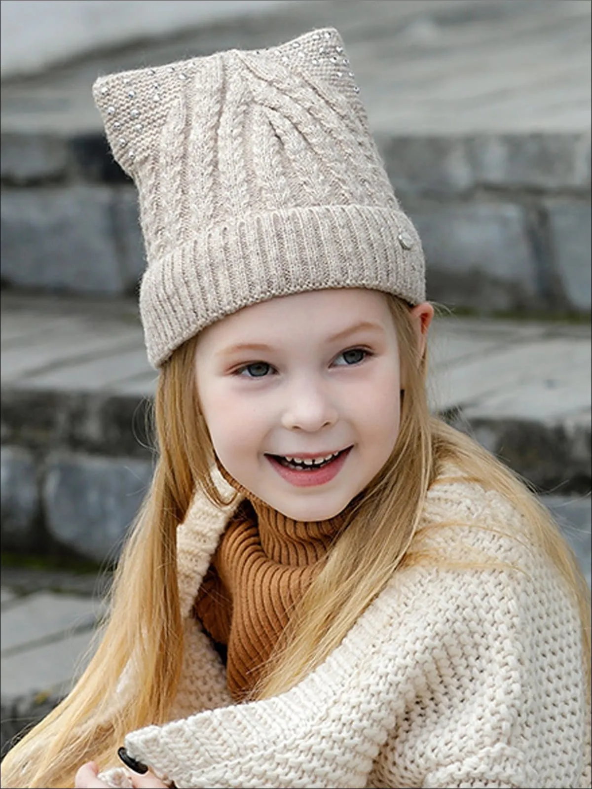 Girls Fall Cable Knit Animal Ear Embellished Beanie