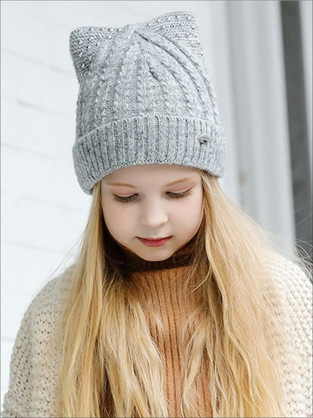 Girls Fall Cable Knit Animal Ear Embellished Beanie