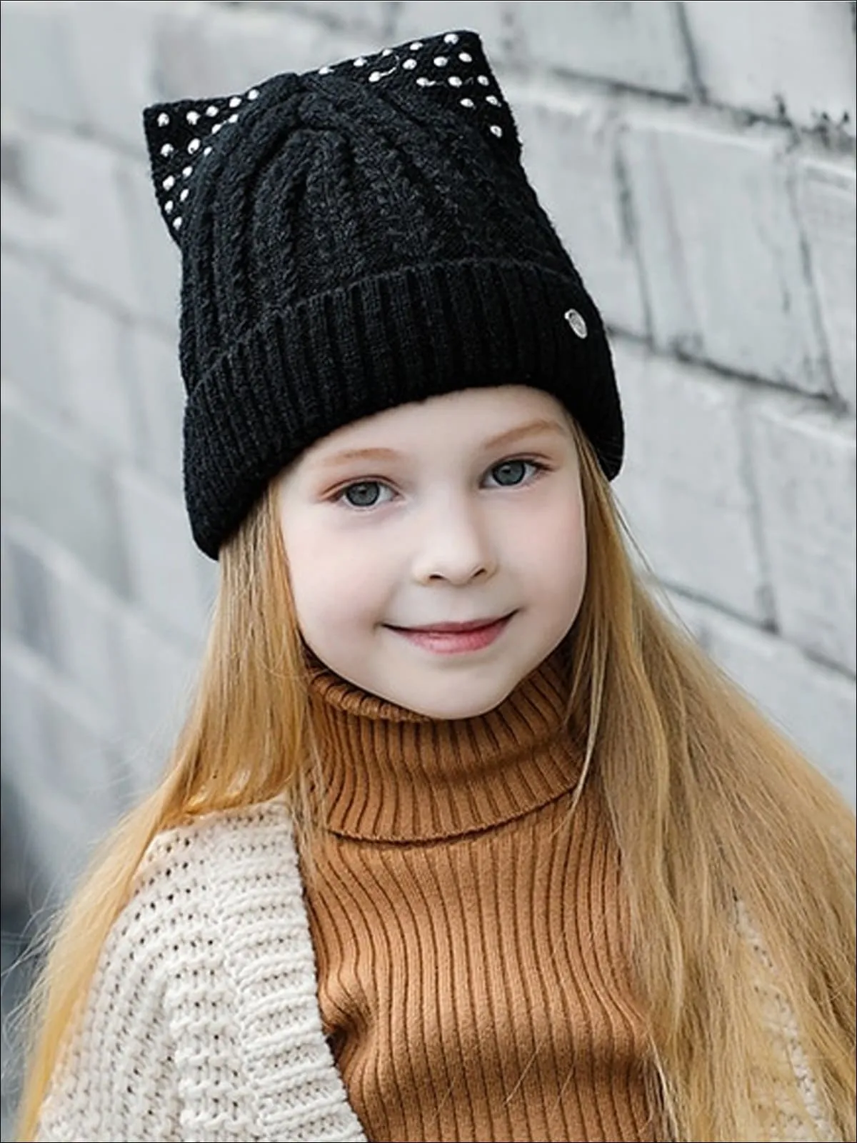 Girls Fall Cable Knit Animal Ear Embellished Beanie