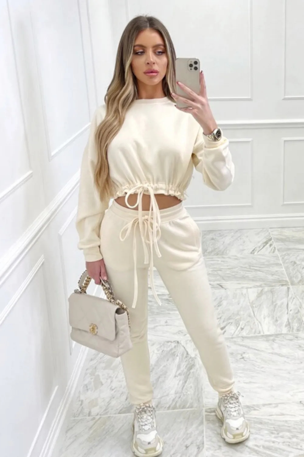 Glamify cream tie waist cropped sweater loungewear set