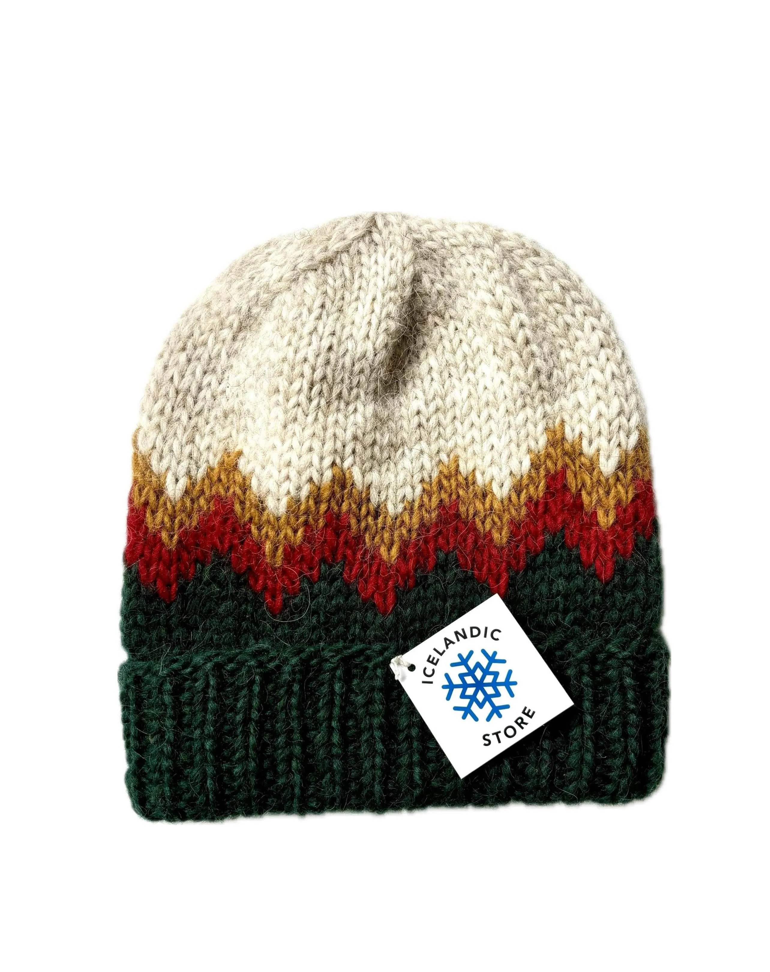 Handknitted Icelandic Wool Hat - Beige with red and green