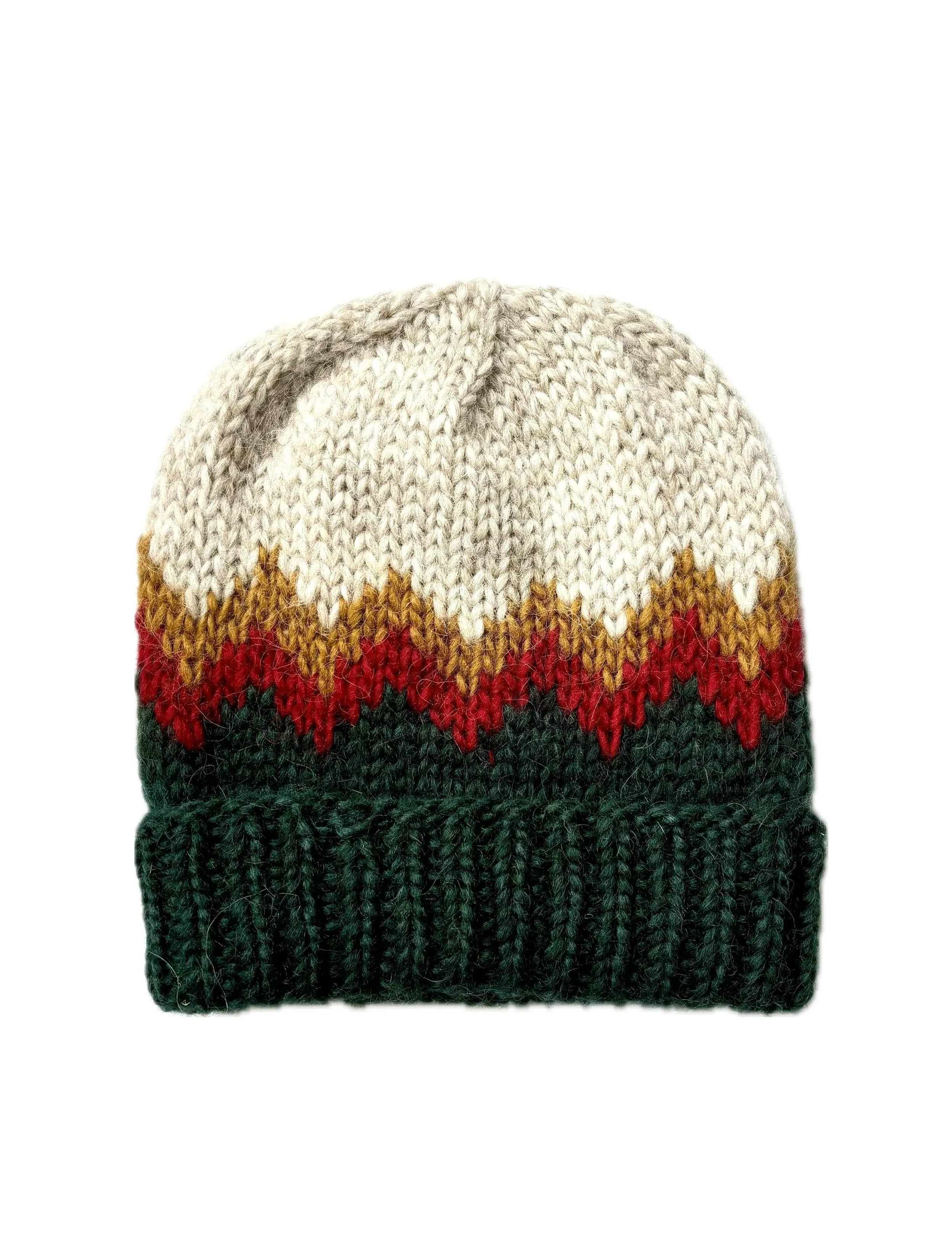 Handknitted Icelandic Wool Hat - Beige with red and green