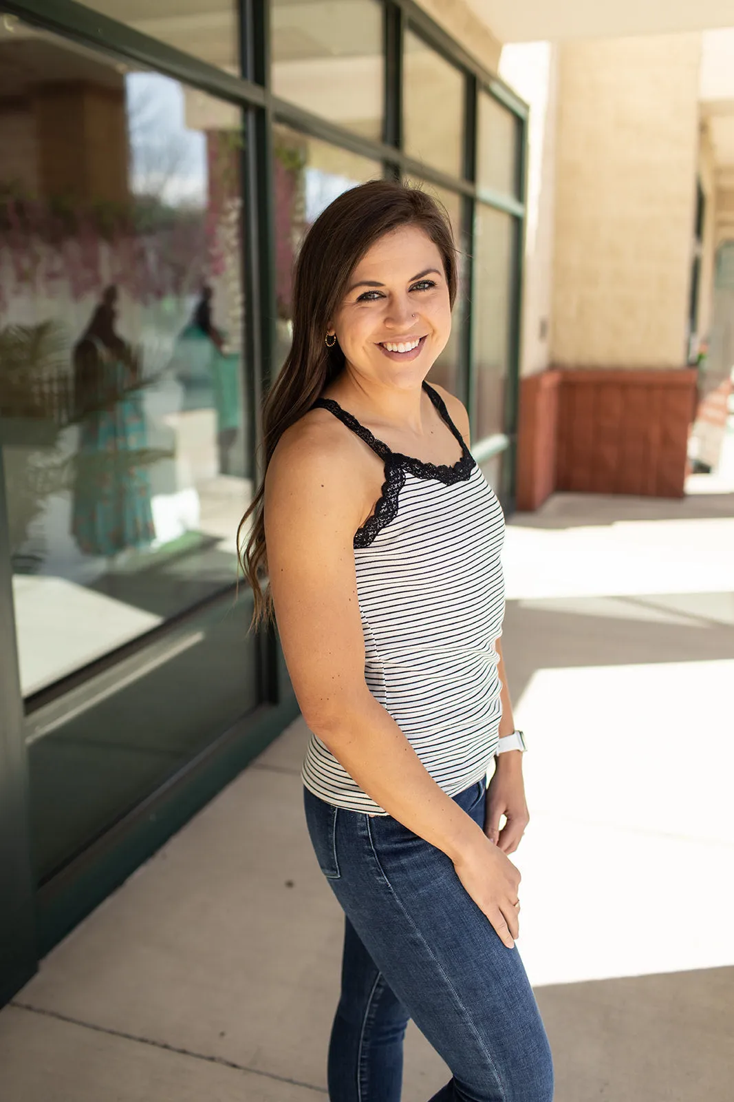 Ivory & Black Lace Trim Striped Tank (SM-3X)