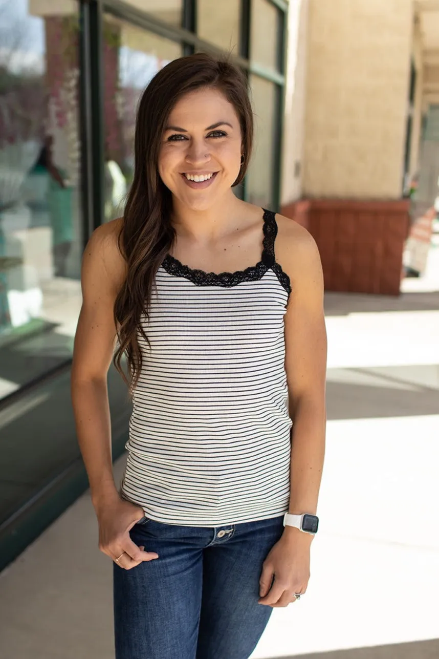 Ivory & Black Lace Trim Striped Tank (SM-3X)