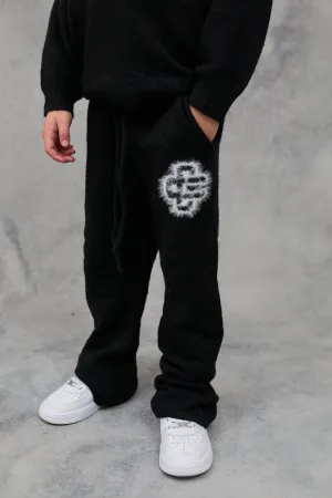 KIDS FLUFFY KNIT EMBLEM JOGGERS - BLACK