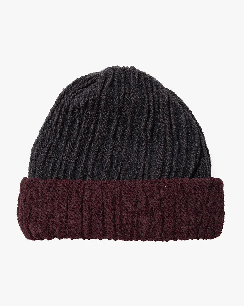 Kobo Oriza Knit Cap, Multi Functional, Cotton and Wool Blend, Split Burgundy and Eggplant, 9 ˝