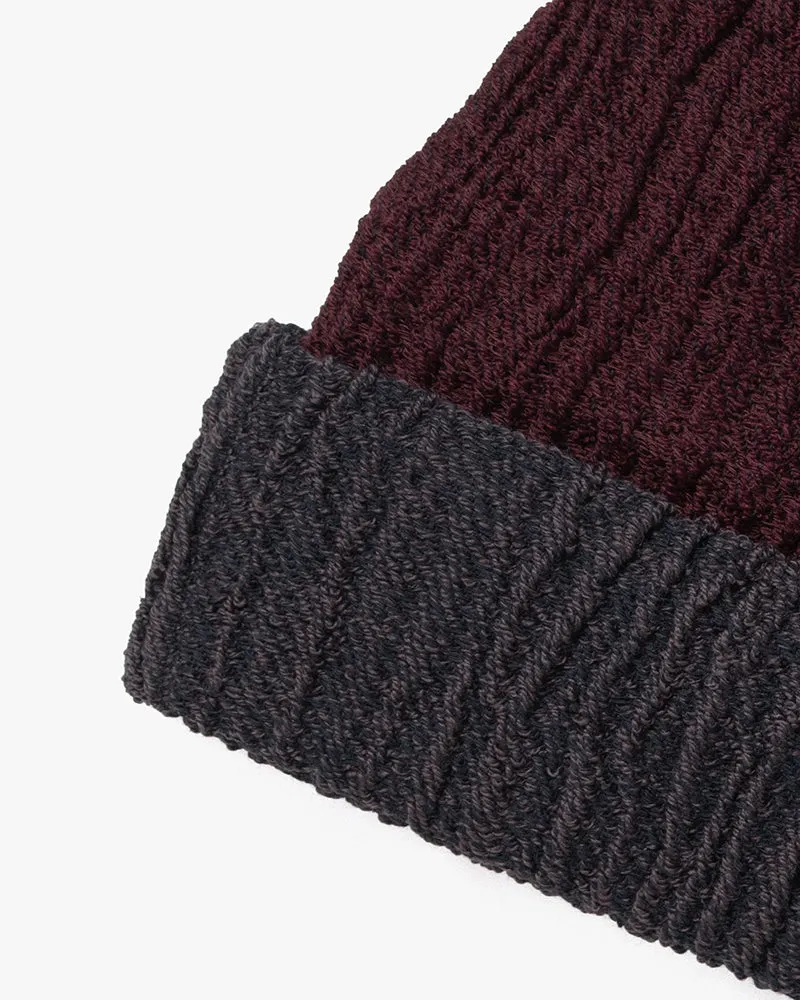 Kobo Oriza Knit Cap, Multi Functional, Cotton and Wool Blend, Split Burgundy and Eggplant, 9 ˝