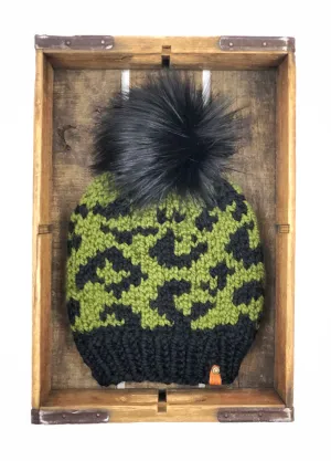 Leopard Print Hand Knit Beanie Faux Fur Pom