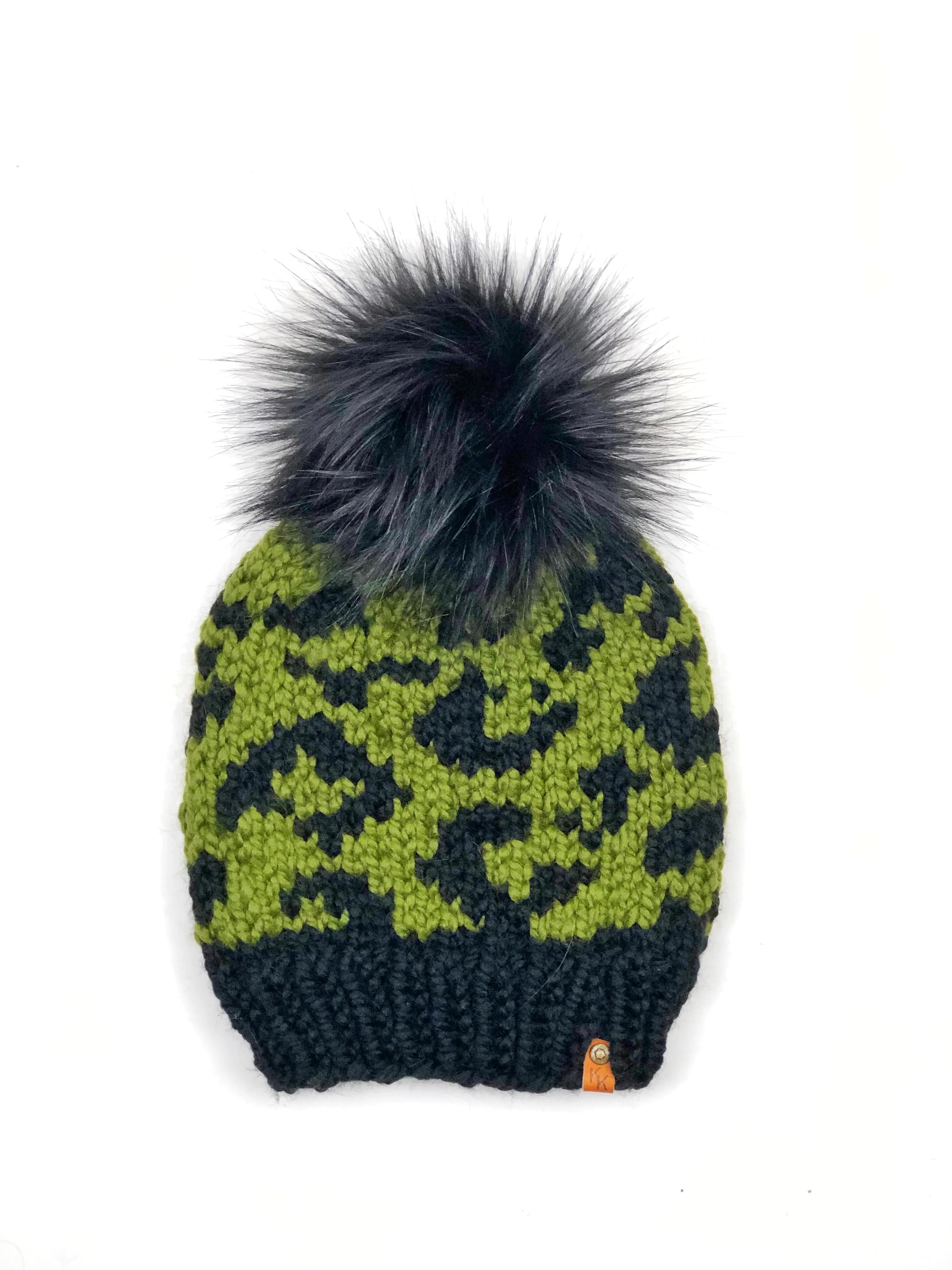 Leopard Print Hand Knit Beanie Faux Fur Pom